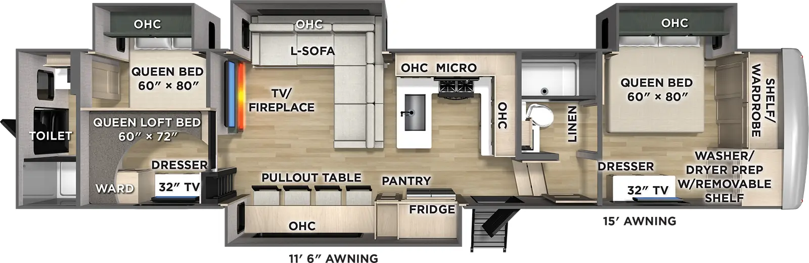 The Columbus 377DS floorplan has two entries and four slide outs. Exterior features include: fiberglass exterior and 11'6" & 15' awning. Interiors features include: loft, front bedroom, two bedrooms, rear bathroom and two full bathrooms.
